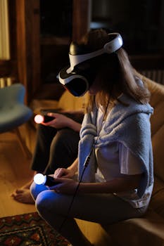 A couple immersed in virtual reality gaming at home with VR headsets and controllers.