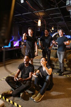 A diverse group of friends enjoying video gaming indoors, having fun and bonding.