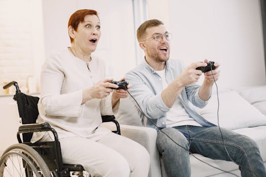 A joyful scene of an adult man and senior woman playing video games indoors, embracing technology and fun.
