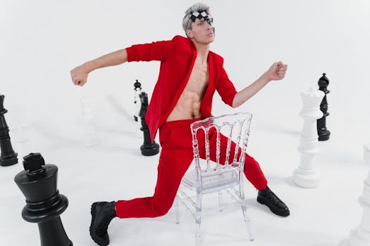 Dynamic pose with life-sized chess pieces in a studio setting.