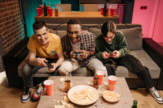 Three men playing video games together on a sofa with snacks and drinks around.