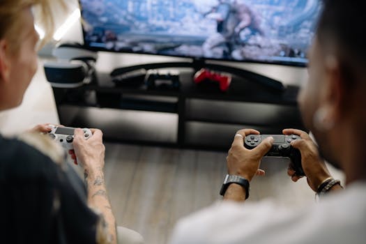 Two friends enjoying a video game session indoors using controllers, focusing on teamwork and fun.