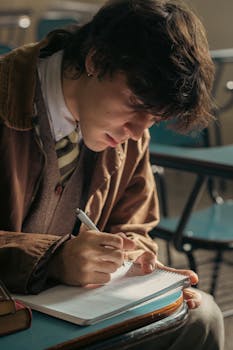 University student writing in a classroom in Buenos Aires, Argentina, with intense focus and concentration.